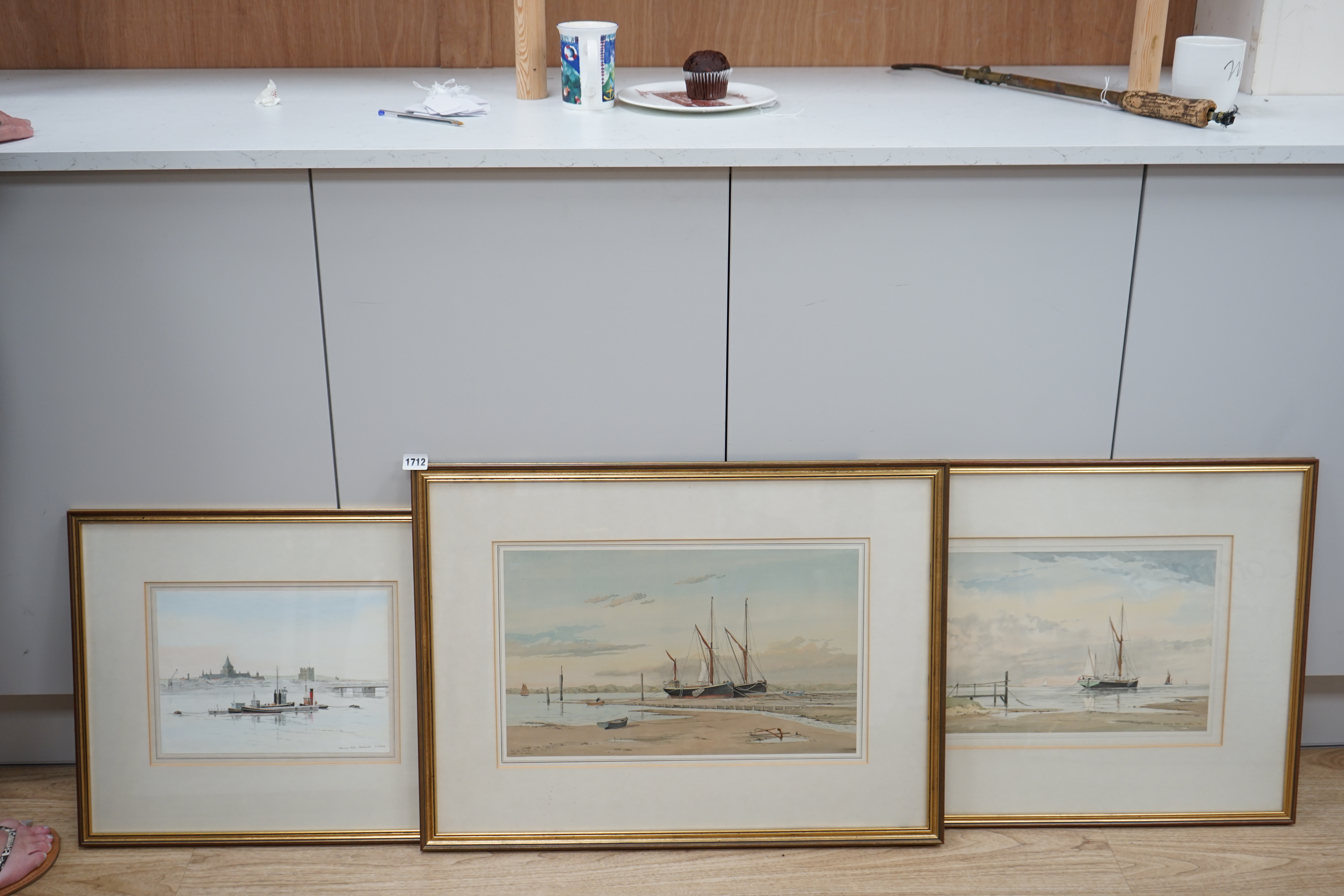 David Addey (b.1933), set of three watercolours, comprising 'Morning Mist, Rochester', 'Evening Calm' and 'On the Hard Pin Mill', each signed, labels verso, largest 27 x 45cm. Condition - fair